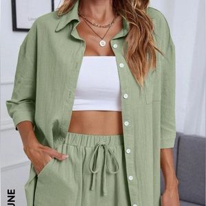 Green Shorts & button up set- size m